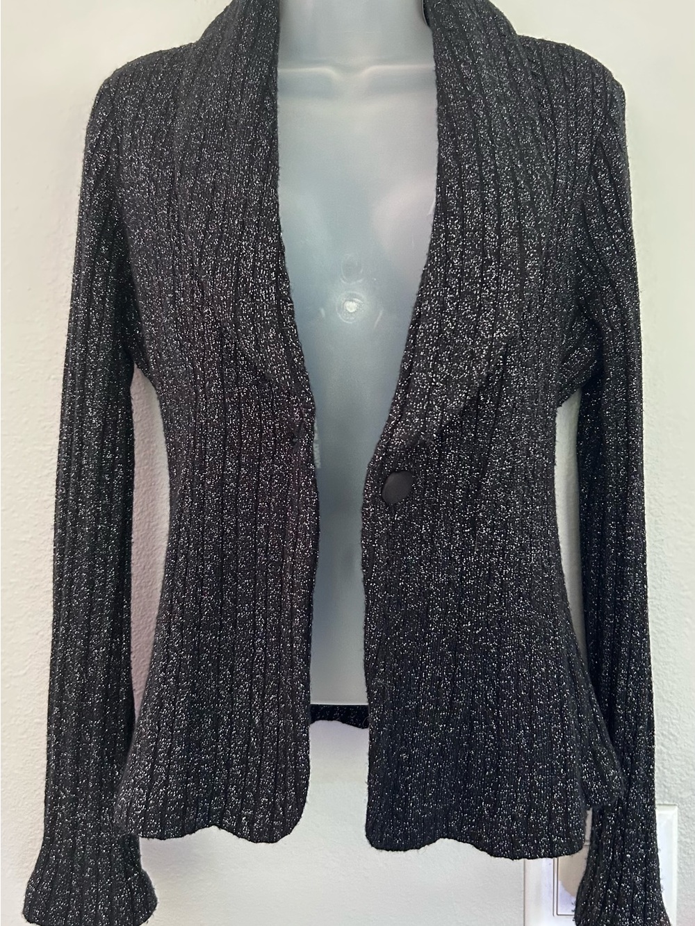 WD-NY button front shawl collar black and silver wool blend cardigan 8 - Picture 4 of 6